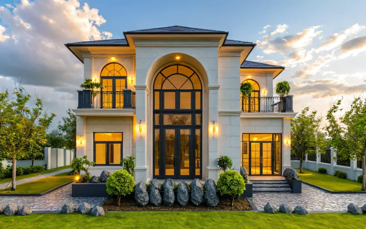 2-storey mansion,neo-classical architectural style, wooden main door, black aluminum glass door, warm interior lights, exterior wall lights, faux stone paint in the entrance hall,Masterpiece, high quality, best quality, authentic, super detail, outdoors, o...