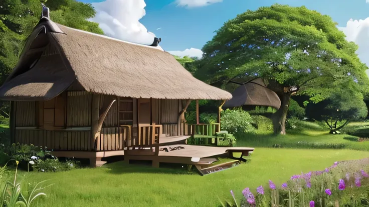 Background、Lush tree々  and a small hut with a thatched roof is depicted 、  has an idyllic atmosphere  。  blue sky and white clouds spread out  、Backgroundピンクの花が描かれており、  overall calm and idyllic  、 Genuine、 realistic 、8k、There is a flower field in the cente...