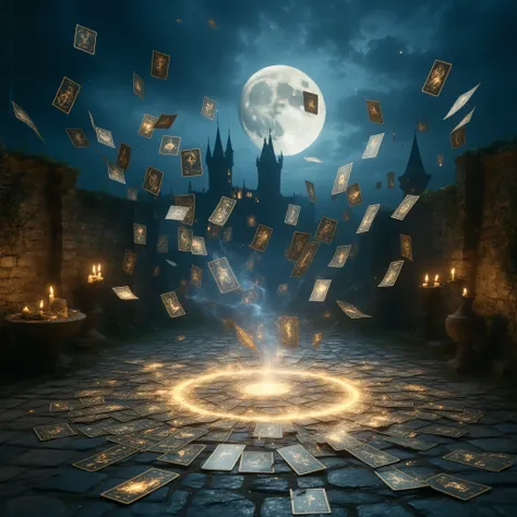 Under the moonlit sky, in a vast stone-paved square adorned with ancient magical runes, countless tarot cards float and swirl through the air, emitting golden and bluish-white glimmers. The backdrop features crumbling castle walls and a dark forest, with t...