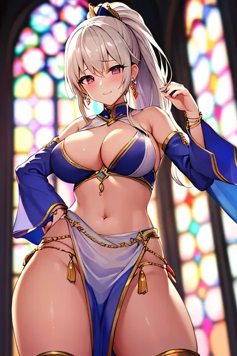 (4K、masterpiece、 top quality、 high image quality、Detailed light、Detailed Shadows、detailed design )、 1 girl、Tan Skin、Burnt Skin 、Perfect white hair、 ponytail 、 fantasy standing in a church、White clothes、((Dancer))、 Slit Skirt、Gold decoration、 bracelet on ni...