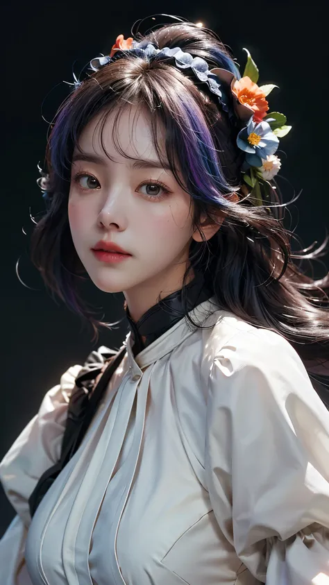 ( colorful large silhouette top, everyday clothing and mode type :1.0), 8k wallpaper, wonderful, (masterpiece), ( top quality), ( VERY DETAILED ), (illustration), ( very detailed and beautiful ),dynamic angle,rainbow hair , Detailed and cute face ,...