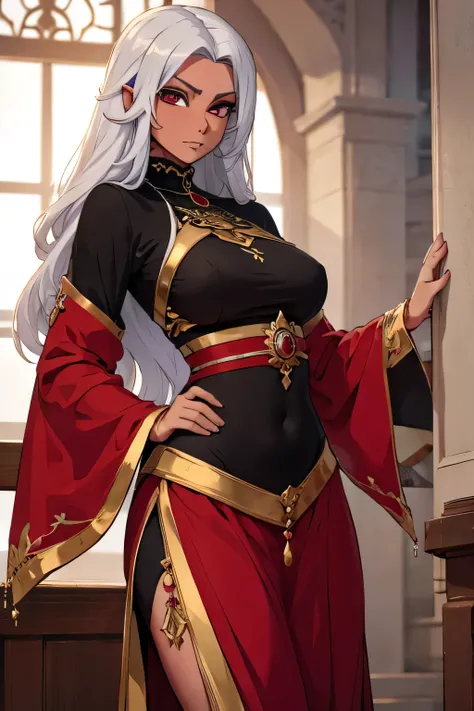 ultra detail, high detailed digital anime art, fine details. anime,8k, masterpiece, hi-resolution, best quality, hi-res, Top Quality, High Quality, High Resolution, woman, middle eastern palace, traditional Persian clothes, dark elf, red eyes, long hair, s...