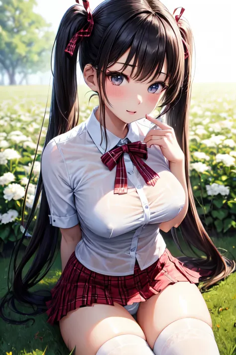  beautiful girl, young girl, young,  twin tails,  top quality, 8k,  Ultra A High Resolution,  beautiful face、 symmetrical eyes, ribbon, Cross arms behind back, Thigh length, knee-high socks, white panties、  embarrassing,  black hair,   very cute and beauti...