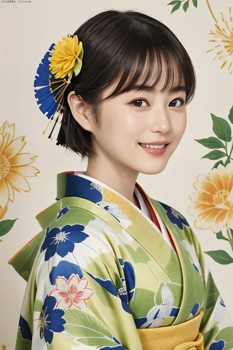 331 (20-year-old female, shorthair), ( high image quality), (smile), (kimono), ( colorful ), (Uemura Shoen Japanese Paintings), (flower), (Fractal Background)