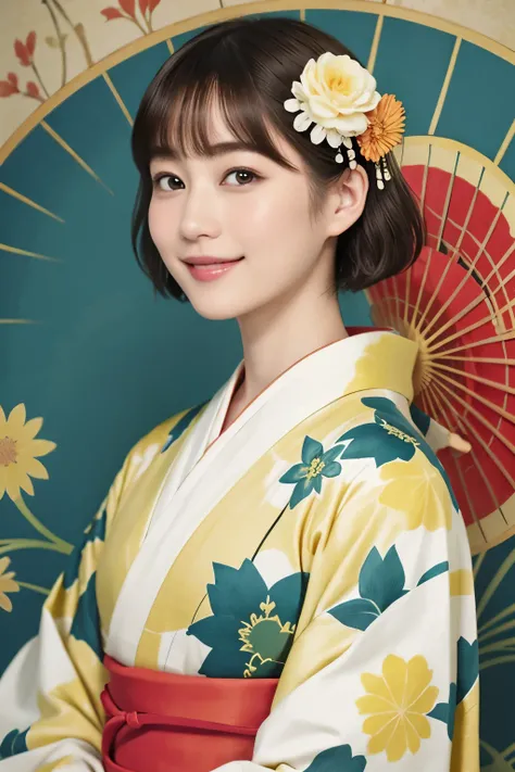 331 (20-year-old female, shorthair), ( high image quality), (smile), (kimono), ( colorful ), (Uemura Shoen Japanese Paintings), (flower), (Fractal Background)