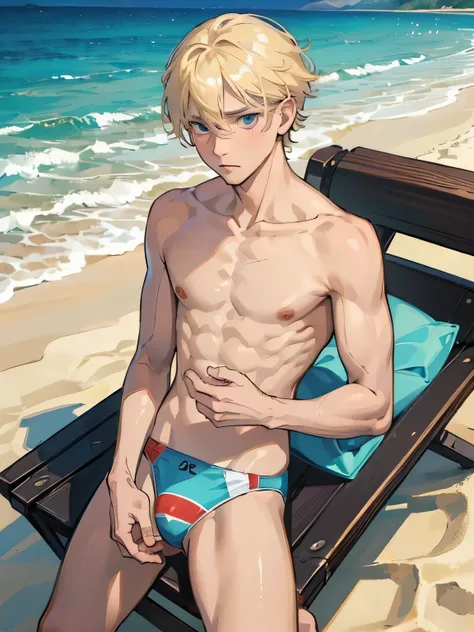 1boy,11 only、(Mans :2),(bobhair:1.5)、a blond、barechested、Trunks swimsuit、starrysky、sand beach、hightquality、masutepiece,8K,