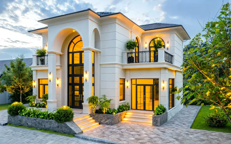 2-storey mansion,neo-classical architectural style, wooden main door, black aluminum glass door, warm interior lights, exterior wall lights, faux stone paint in the entrance hall,Masterpiece, high quality, best quality, authentic, super detail, outdoors, o...
