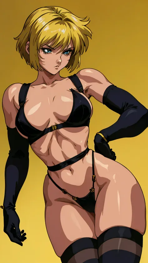 one solo girl, short hair, bob cut, (90s anime style, retro anime style), yellow thong, yellow bikini, yellow elbow gloves, yellow thigh highs, gothic style, emo dark girl, (simple background), 2b nier automata, lingerie,