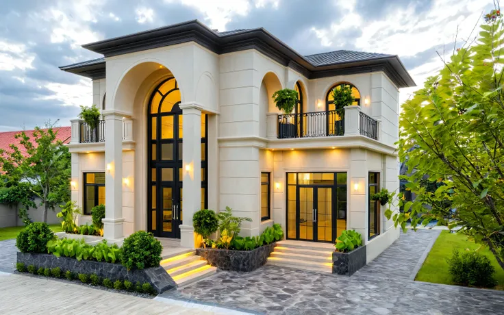 2-storey mansion,neo-classical architectural style, wooden main door, black aluminum glass door, warm interior lights, exterior wall lights, faux stone paint in the entrance hall,Masterpiece, high quality, best quality, authentic, super detail, outdoors, o...