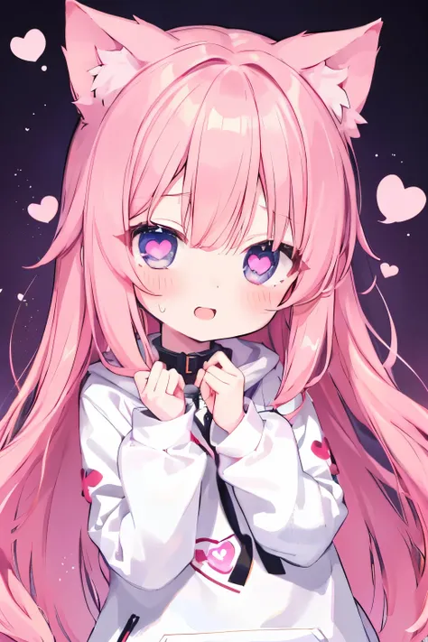  anime style, cute girl, ( heart shaped eyes:1.5), smile, Pink Hair,  long hair, Claw Pose, cat ears,  white hoodie ,  messy room 、 small breasts、 wear a collar 、cat ears、(((((  ))))))、heart❤、((sweat、vapor)）,cat ears