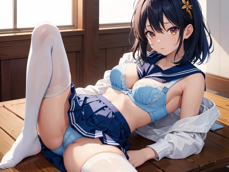 (( top quality)), ( high definition ), (( very detailed))、(masterpiece)、One mature woman with disheveled hair、Im wearing a sailor suit, a cute bra, and cute transparent panties、(Im wearing knee-high stockings)、(Im lying on the table with my crotch open)、Cu...