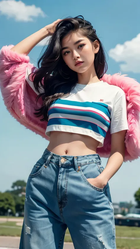 Asian teen in 90s retro casual outfit, striped crop top and high waisted mom jeans, her hair styled in soft waves with colorful bandanas, posing under a bright blue sky with fluffy white clouds, hands in her pockets, playful and carefree, natural sunlight,...