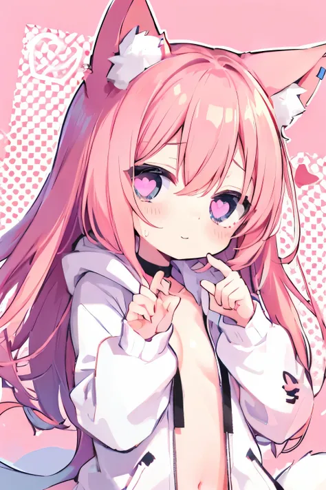  anime style, cute girl, ( heart shaped eyes:1.5), smile, Pink Hair,  long hair, Claw Pose, cat ears,  white hoodie ,  messy room 、 small breasts、 wear a collar 、cat ears、(((((  ))))))、heart❤、((sweat、vapor)）,cat ears