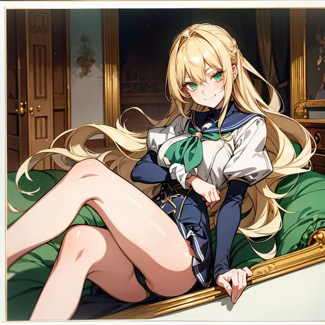 German upper class, tomboy, Naughty, cool , young lady, Blonde intake, long hair, emerald eyes.tsurime, 1939s, Wearing a sailor uniform in the mansions hall, (((anime style))), arms crossed., messy hair, smileing, Ladylike and elegant