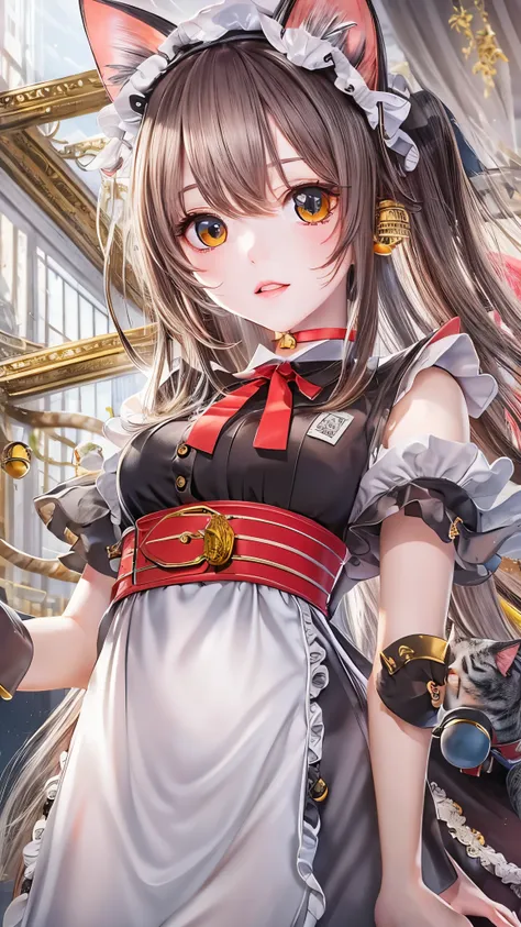 (( top quality)),( super high resolution),( very detailed),( detailed description ),(( best CG )),(a masterpiece),超詳細なart, Great Paintings ,( art:1.5), (Cat Ear Maid:1.7),(red belt choker、With bell:1.6),