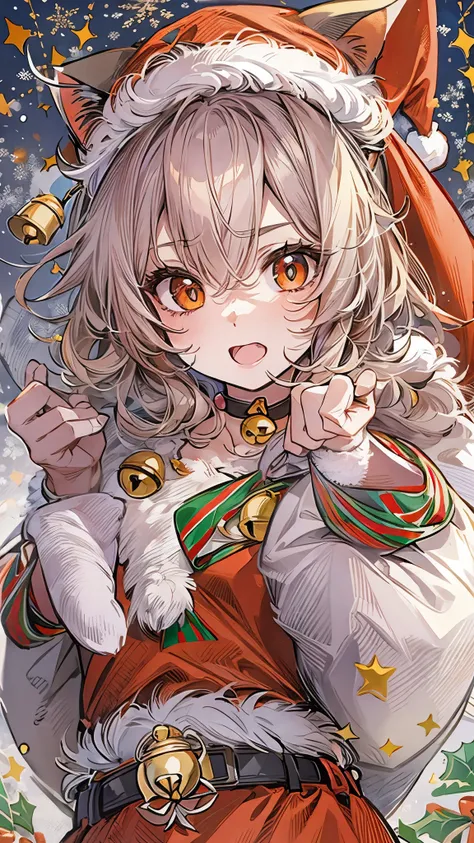 (( top quality)),( super high resolution),( super detailed),( detailed description ),(( best CG )),(masterpiece), Highly Detailed Art ,( Art with Precise Details:1.5),  (Cat Ears Santa :1.7),(red belt choker、With bell:1.6),