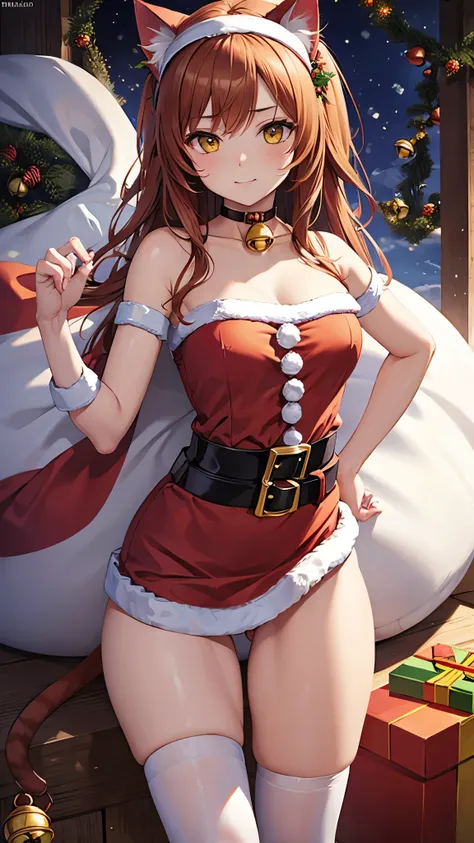 (( top quality)),( super high resolution),( super detailed),( detailed description ),(( best CG )),(masterpiece), Highly Detailed Art ,( Art with Precise Details:1.5), (Cat Ears Santa :1.7),(red belt choker、With bell:1.6),