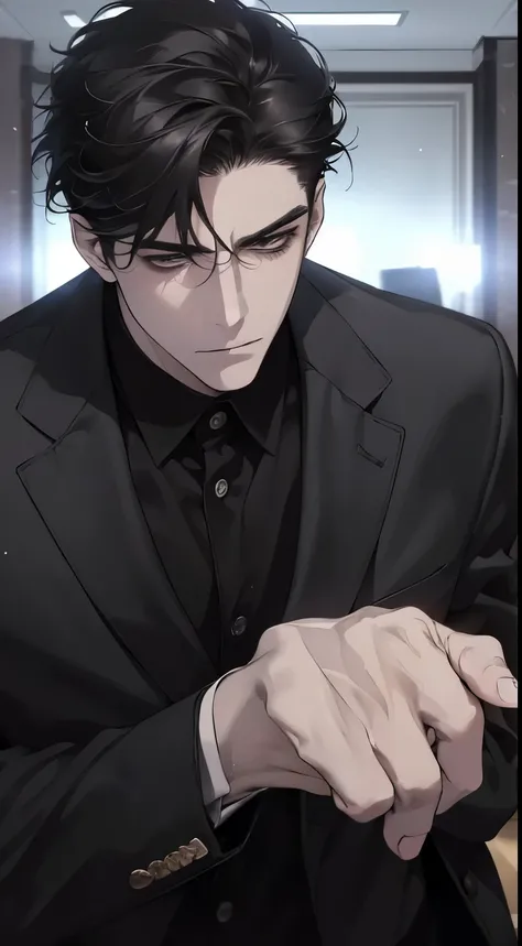 (best quality, masterpiece, 8K, photorealistic, cinematic lighting, 1:4 hdr image, ultra detailed, beautiful image), a mature man, very handsome, ((cold expression)), short black hair, black eyes, face perfect without mistakes, ((buttoning his jacket, CEO)...