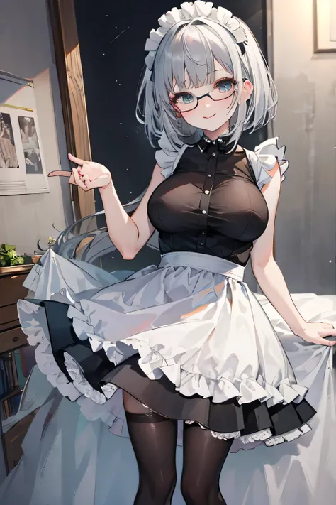 (  Masterpiece  ), (                top quality), (             super detailed),    Slender woman 、、(((Big Breasts、  Maid Wearing Glasses       、      black maid clothes 、    Sleeveless Maid Outfit     、         white apron dress  、             black stock...