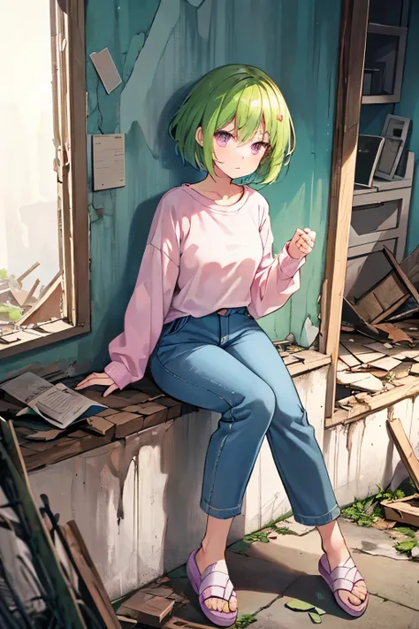  high definition ,Abandoned Building ,Half-Destroyed Buildings ,（Single family home）, Crumbling House , Unmaintained Yard, dead trees,Debris scattered, 1 girl ,solo, yellow-green hair,Glossy hair, short hair, purple eyes,Shining Eyes, pink sweats,Denim pan...