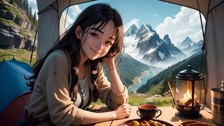 High-definition photos、 full shot 、Rugged Mountain、 rocky road 、An open place 、A world surrounded by rocks 、tent、 young woman alone、cute、 looking here、smile、 casual clothes、On the road、 rocky road 、Steep cliff、 who caresses each other 、 rocky campsite 、小さな...