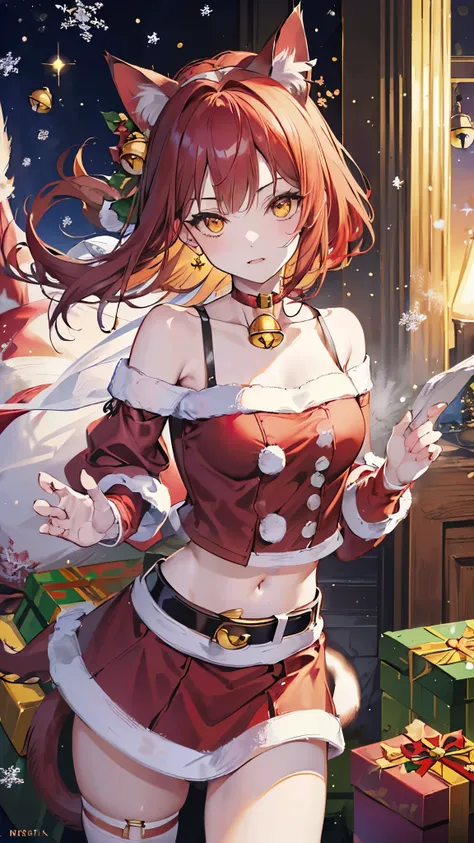 (( top quality)),( super high resolution),( super detailed),( detailed description ),(( best CG )),(masterpiece), Highly Detailed Art ,( Art with Precise Details:1.5), (Cat Ears Santa :1.7),(red belt choker、With bell:1.6),