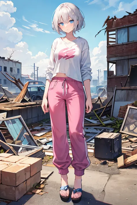  high definition ,Abandoned Building ,Half-Destroyed Buildings ,（Single family home）, Crumbling House , Unmaintained Yard, dead trees,Debris scattered, 1 girl ,Alone, silver hair,Glossy hair, short hair,blue eyes,Shining Eyes,褐色の肌, pink sweats,Denim pants,...