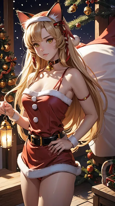 (( top quality)),( super high resolution),( super detailed),( detailed description ),(( best CG )),(masterpiece), Highly Detailed Art ,( Art with Precise Details:1.5), (Cat Ears Santa :1.7),(red belt choker、With bell:1.6),