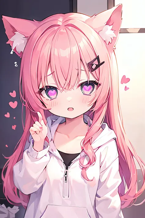  anime style, cute girl, ( heart shaped eyes:1.5), smile, Pink Hair,  long hair, Claw Pose, cat ears,  white hoodie ,  messy room、 small breasts、 wear a collar 、cat ears、(((((  ))))))、heart❤、((sweat、vapor)）,cat ears