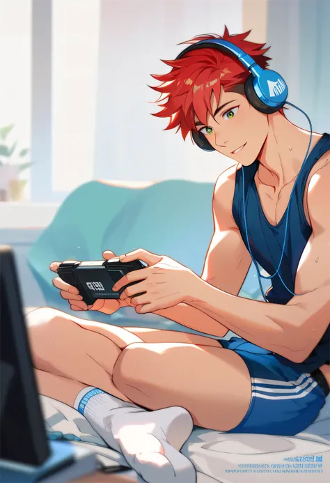 Asian boy 18 years old, slim, strong, thin, red hair, green eyes, blue underwear, white socks, playing video games, volume, big underwear, sexy, hot, cute, with headphones, in the bedroom sexy hot