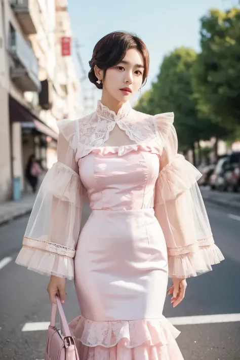 A Korean man in ladies vintage suit dress, he is crossdresser, big breasts like a woman, slender female body, His hairstyle is short and manly, white and pink, long sleeves, Rich lace and frills, cropped jacket, mermaid line long skirt, silk