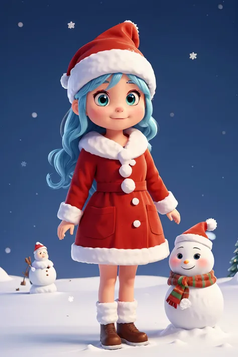 cartoon style, winter wonderland background, cute  in a santa hat, standing next to her cute snowman friend