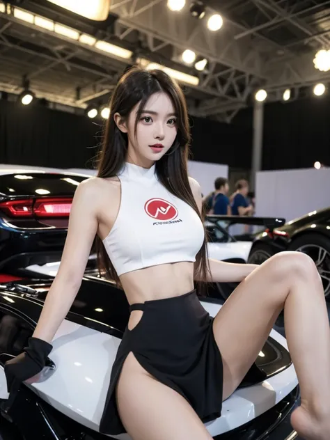  Colorful and flashy outfits for the Motor Show venue 、Indoor venue 、Rin々A beautiful woman、 super detailed face、 slender body 、Handsome women、Beautiful woman with no makeup、underboob、Show the lower part of your chest、 Colorful Outfit 、F1 Driver Cosplay、 Co...