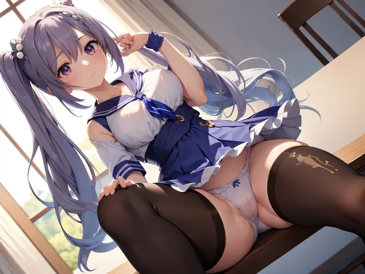 (( top quality)), ( high definition ), (( very detailed))、(masterpiece)、One mature woman with disheveled hair、Im wearing a sailor suit and cute transparent panties、(Im wearing knee-high stockings)、(Im lying on the table with my crotch open)、Cute nipple sha...