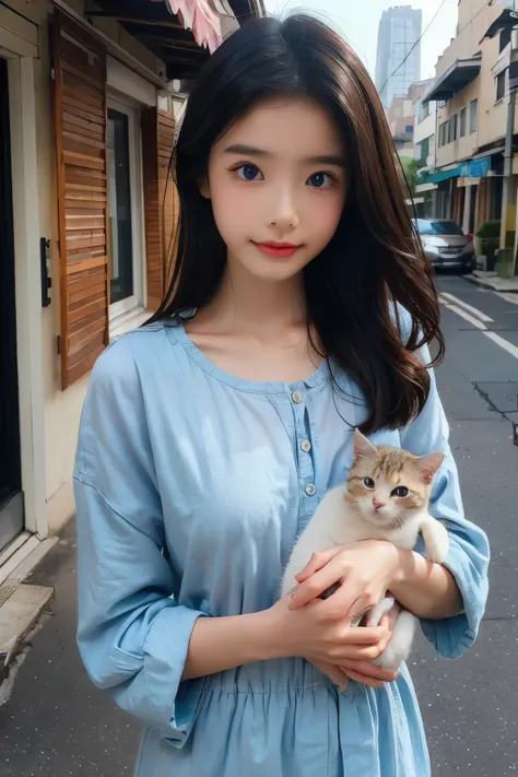 Beauty woman、Holding a kitten、Residential area、(((top-quality, masterpiece))), (((ighly detailed)))