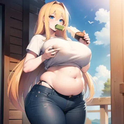 (masterpiece, best quality:1.2),illustration,8k,hd,1girl,solo,cowboy shot,large breasts,long hair,fringe,blue eyes,blonde hair,hair between eyes,green eyes, jeans, t-shirtblack obese, eating butter, massive fat belly