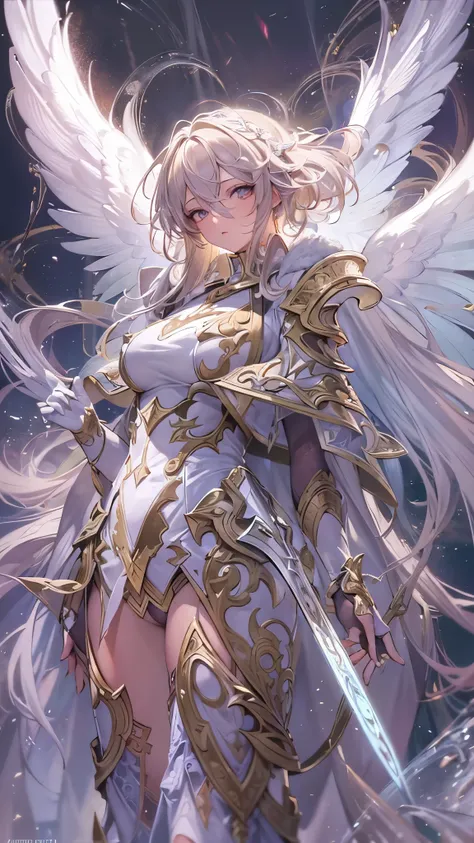 (( top quality)),( super high resolution),( super detailed),( detailed description ),(( best CG )),(masterpiece), Highly Detailed Art ,( Art with Precise Details:1.5),  Female Angel Wearing Light Armor, Disheveled Shorthair ,　Blowing Thunderstorm 