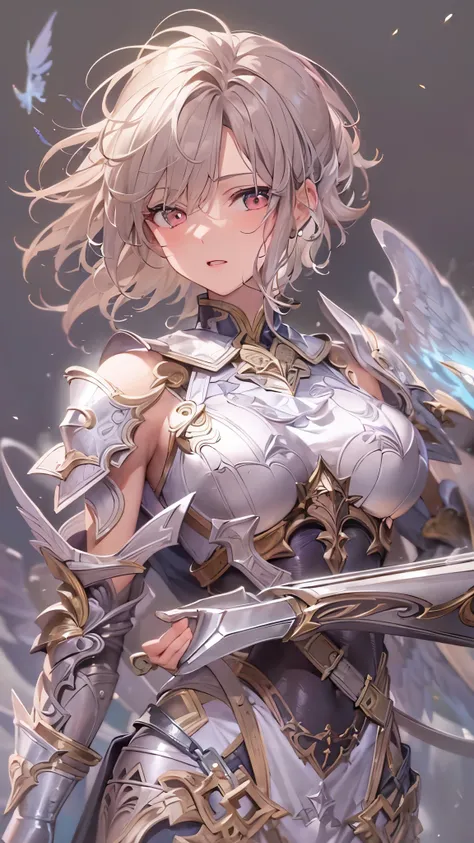 (( top quality)),( super high resolution),( super detailed),( detailed description ),(( best CG )),(masterpiece), Highly Detailed Art ,( Art with Precise Details:1.5),  Female Angel Wearing Light Armor, Disheveled Shorthair ,　Blowing Thunderstorm 