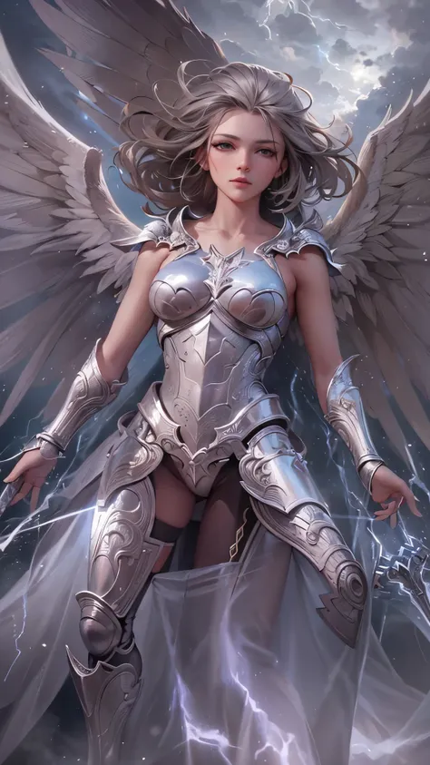 (( top quality)),( super high resolution),( super detailed),( detailed description ),(( best CG )),(masterpiece), Highly Detailed Art ,( Art with Precise Details:1.5),  Female Angel Wearing Silver Framed Light Armor, Disheveled Shorthair ,　storm,Lightning ...