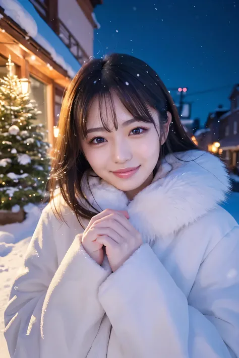 (highest quality、Masterpiece、8k、Best image quality、Hyperrealism、Award-winning works)、1 girl、(Elegant fur coat:1.1)、Soft and delicate light、Beautiful night view of a snowy city、The most beautiful smile looks at me、Sparkling beautiful snow、Beautiful snow、(Ty...