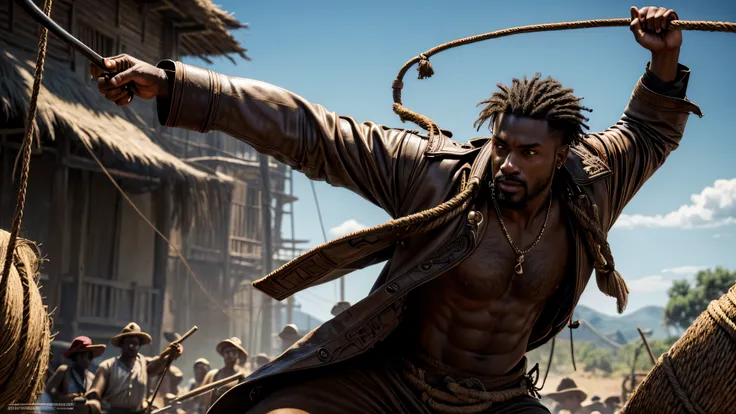 masterpiece, best quality, extremely detailed, hyperrealistic, photorealistic, a wild african 30s man, heavyset, tanned skin, ultra detailed face:1.2, dark brown pirates coat, outraged, short hair, holding big ax, rope, dancing, artistic jump, strenuous mo...