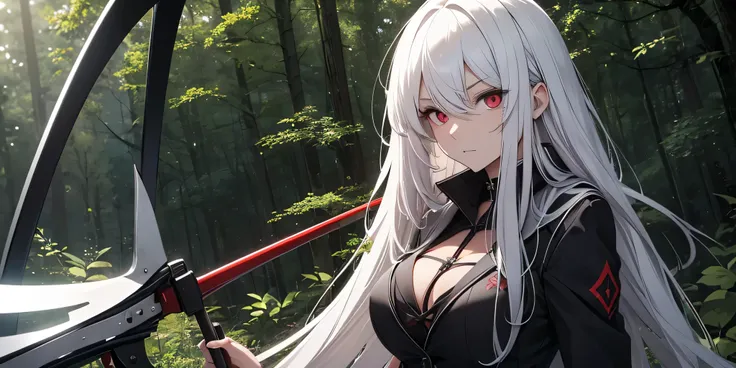 adult girl with long white hair without bangs and red eyes, big breasts, cross-shaped scar on the left cheek, in a black suit in the woods with a scythe in his hands
