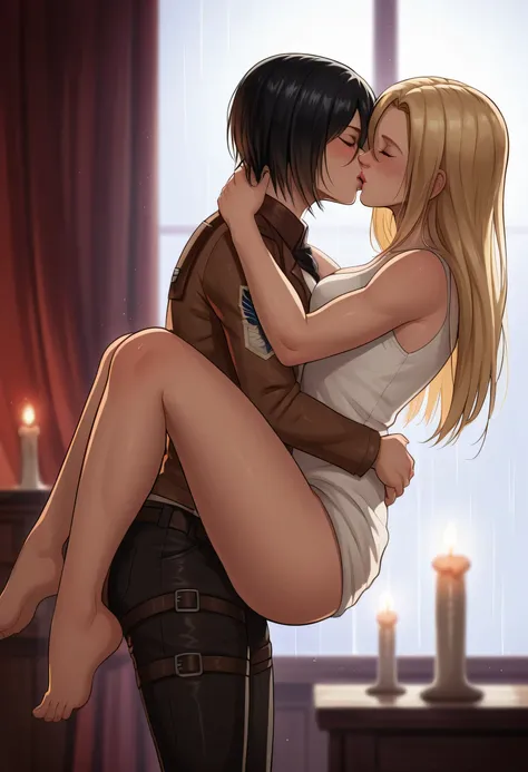 score_9, score_8_up, score_7_up, BREAK source_anime, historia reiss, blue eyes, blonde hair, long hair, medium breasts, long white dress sleeveless,female black hair soldier hugs historia,Mikasa with historia hugs,mikasa wreanig open green jacket and black...