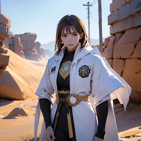  desert landscape and an anime girl dressed in white standing in the desert,  concept art：Jan J,  pixib,  fantasy art , Desert Warrior Ancient Mage,  Kushart Krentzky Art Feminine , ( ( キャラクター concept art ) ), flowing white coat , Artgerm and Atey Ghailan ...