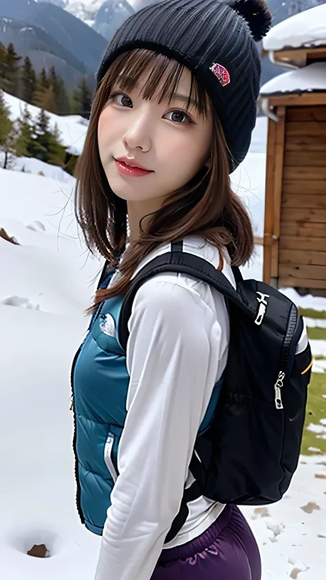 (background, Magnificent Snow Mountain views):1.3, (Snow Mountain:1.37), (8k, RAW Photos, 最high quality, masterpiece:1.2), (Realistic, photo-Realistic:1.37), Very detailed, high quality, Professional Lighting, Physically based rendering of a  female, (One ...