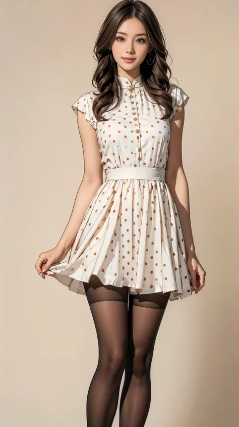 ((    Masterpiece    )),(((   top quality))),   Thin Thighs   ,   long legs   ,whole body:1.5，(   one girl:1.3),(    Im wearing a medium length flared skirt dress with black pantyhose and thick pointed heels ：1.3),( Polka Dot Mini Skirt Dress   。:1.2),  We...