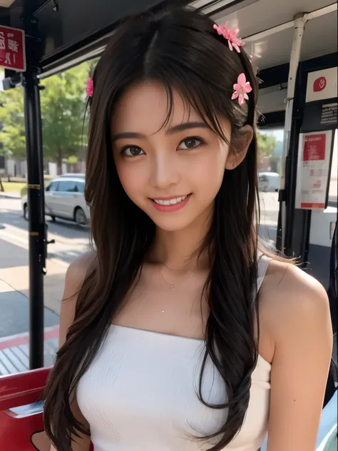 Seki Ginpei, black发,  Brown Eyes ,  hair accessories ,  hair flower, half body, black, 上half body， pretty face， nice，  College Student ，smile，bus，Washing your hair， wet body，busroom， Flashing ，Wear underwear