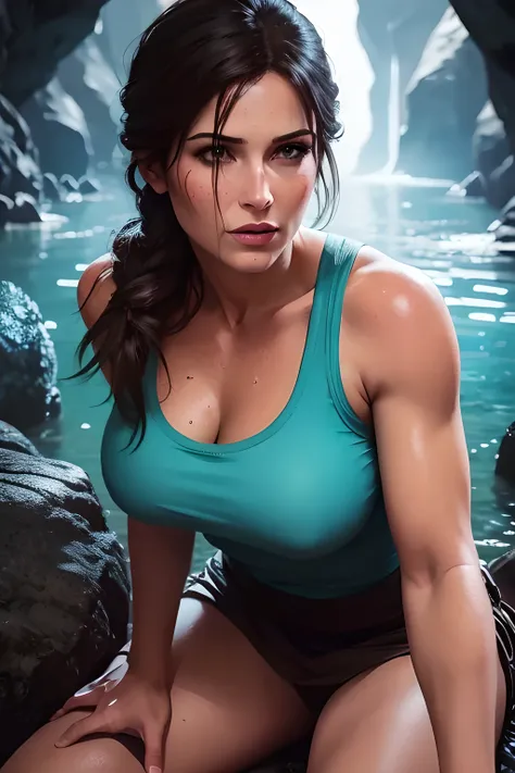 Lara Croft, exploring dark cave, water, moonlight, fire, (8k, RAW photo, best quality, masterpiece:1.2), soft lighting, high quality, DLSR, sharp focus, soft lighting, masterpiece, perfect face, ultra detailed face, perfect brown eyes, beautiful face, perf...