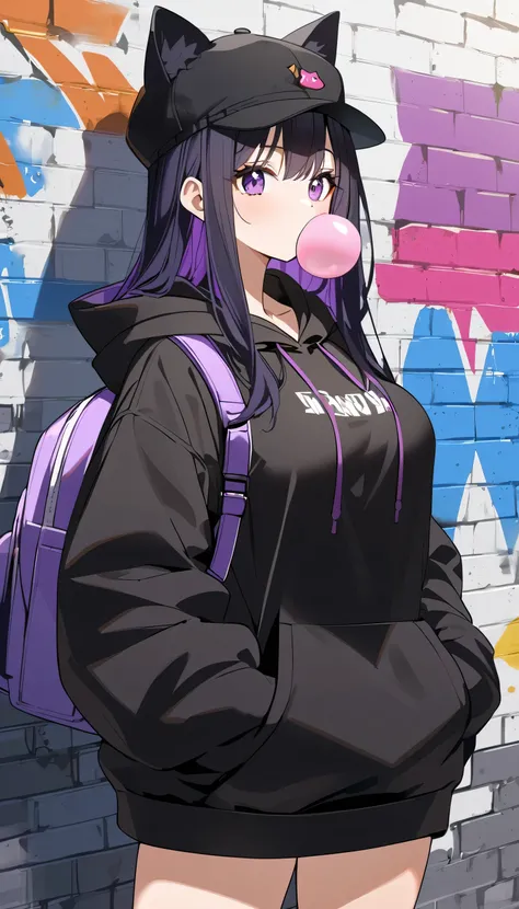 1girl, colored inner hair black hair purple hair, black hat with cat_ears, black oversized hoodie, purple backpack, chewing_gum on mouth, hands in pockets, graffiti on brick_wall, Big Breasts