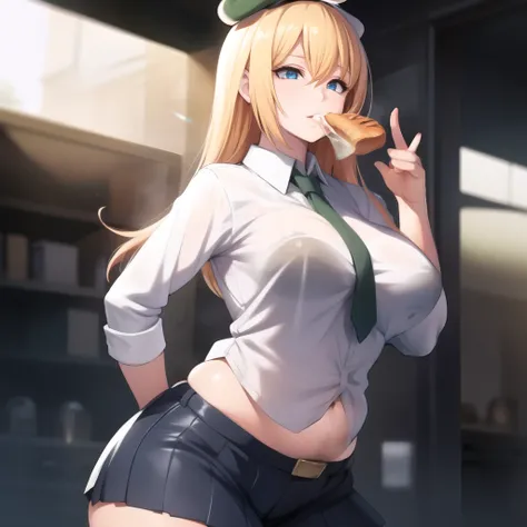 (masterpiece, best quality:1.2),illustration,8k,hd,1girl,solo,cowboy shot,large breasts,long hair,fringe,blue eyes,blonde hair,hair between eyes,green eyes,pleated skirt,open jacket,miniskirt,shirt,necktie,black pantyhose,beret,chubby, eating croissant